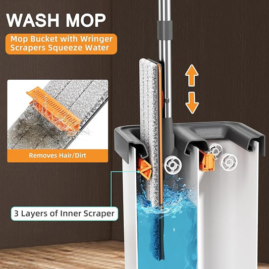 Mop and Bucket with Wringer Set for Home,61" Flat Mop and Bucket System for Floor Cleaning,Wet Dry Mop Window Wall Cleaner with Long Handle,Floor Mop with 4 Washable Microfiber Pads