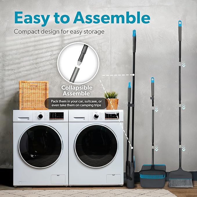 BLACK+DECKER Butler Broom & Dustpan Set - Short Handle, Stand-Up Design - Lightweight, Space-Saving Combo for Kitchen, Living Room, Bathroom, Lobby Floors - Home Cleaning Essential, Black/Blue