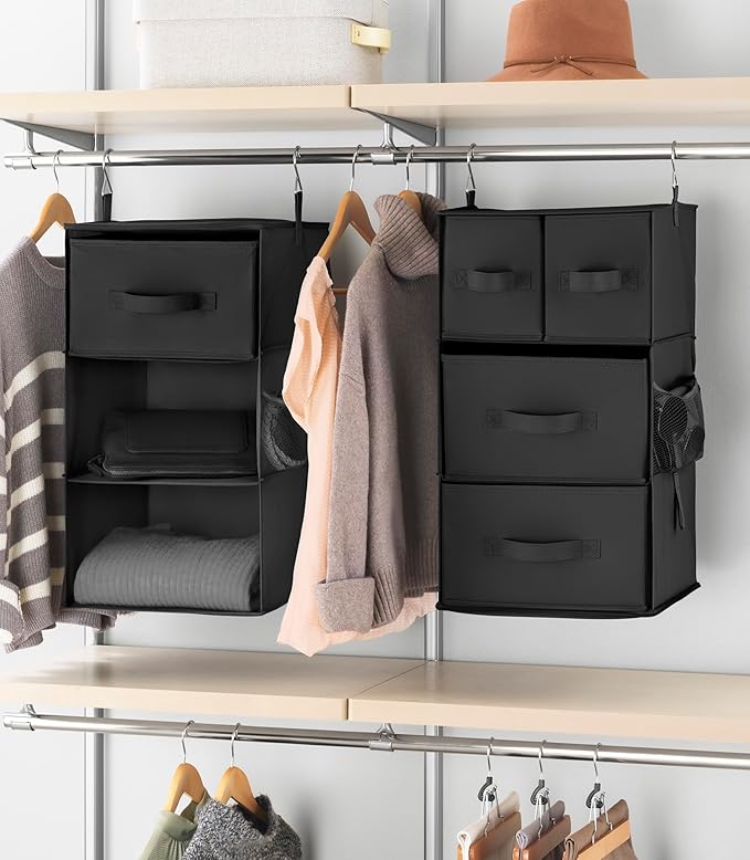 Whitmor Multi-Functional Hanging Organizer with Drawer Inserts- 5 Section - Closet Organizer - Black