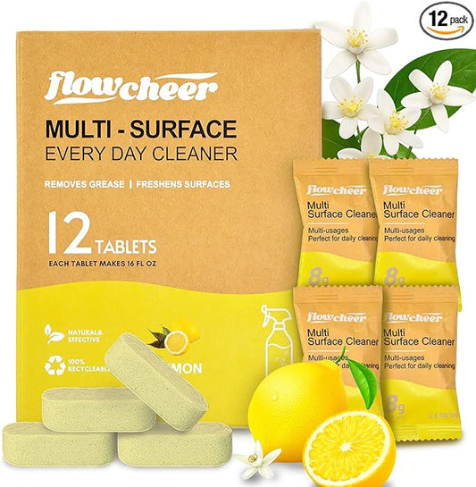 Flowcheer All Purpose Cleaner Concentrate Refills, Multi Surface Clean Refill,No Toxic Cleaning Tablets(12Pack)-Makes 192 fl oz(12x16Fl oz)Bottles of Spray Cleaner for Household&Kitchen Cleaning-Lemon