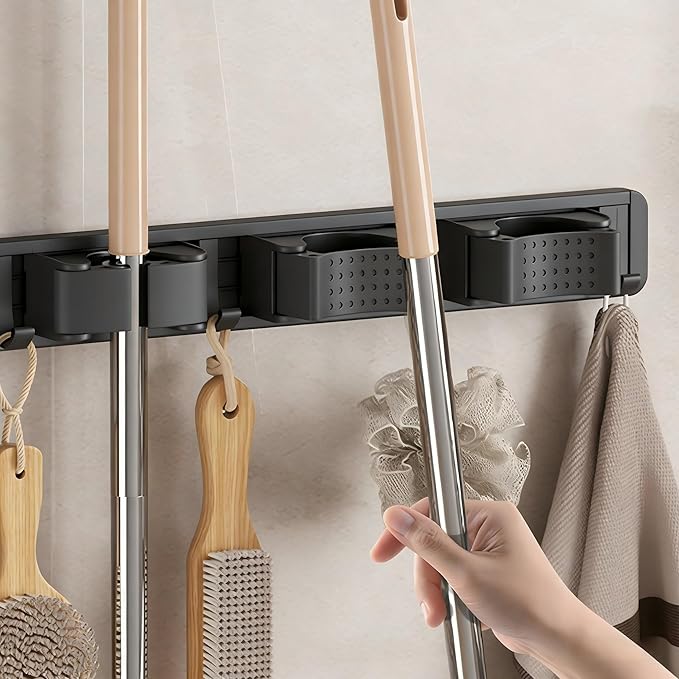 Broom Holder Wall Mount with Adjustable Hooks, Mop Organizer Rack for Narrow Space, Mop and Broom Hanger Wall Mount for Organizing in Kitchen, Garage, Laundry Room, 3 Racks 4 Hooks, Gray
