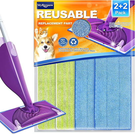 Reusable Mop Pads Compatible with Swiffer WetJet Mop, MyKEEPOW Wet Jet Refills Pads for Floor Cleaning, 4 Pack, Green+Blue