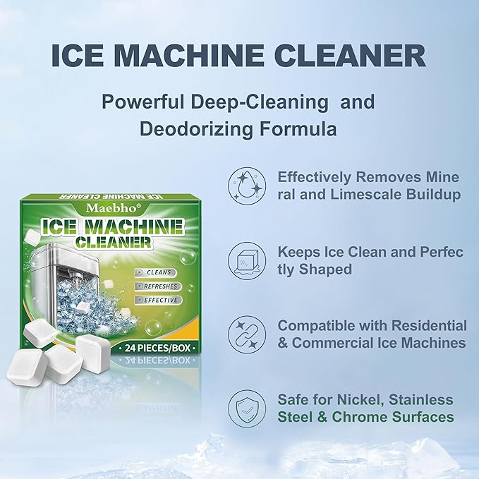 Ice Machine Cleaner Maker Descaler - 24 Unscented Clean Tablets Compatible with Opal, Kitchenaid, GE Profile,Nickel Safe Scale Remover for Countertop, Nugget Ice Makers - Bulk 1 Year Supply