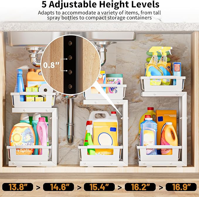 Under Sink Organizer 2 Pack, 2 Tier Adjustable Height Reinforced Carbon Steel Under Kitchen Bathroom Sink Storage Organizer, Smooth Pull-Out Under Sink Cabinet Rack Drawer Organizer, White