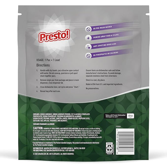 Amazon Brand - Presto! Triple Action Dishwasher Pacs, Lemon Scent, 90 Count