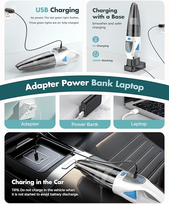 Handheld Vacuum Cordless 25000PA Powerful Suction, Portable Car Vacuum, 3 in 1 Hand Held Vacuum Rechargeable 8000mAh with LED Light, HEPA Filter, Home, Car Seats, Office, Pet Hair Blue+White