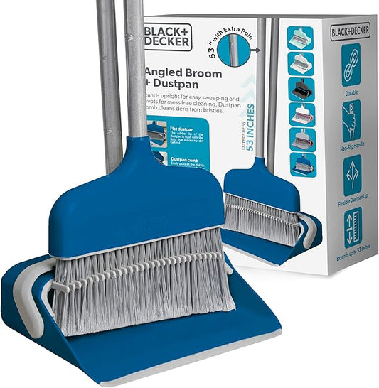 BLACK+DECKER Butler Broom & Dustpan Set - Stand-Up Design - Lightweight, Space-Saving Combo for Kitchen, Living Room, Bathroom, Lobby Floors - Home Cleaning Essential, Ocean Blue