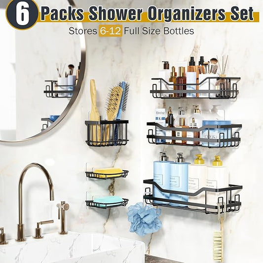OMAIRA 5-Pack Shower Caddy with Soap Holder, Adhesive Rustproof No-drill Strudy Loading Inside Shower Organizer Shelves Rack Storage Bathroom Organization for Smooth Wall Glass Tile, Black (X-Large)