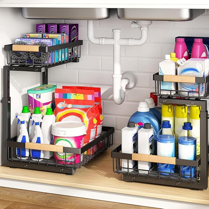PXRACK 2 Pack Under Sink Organizer,Adjustable Height,2 Tier Pull Out Under Cabinet Organizer,Slide Out Thickened Metal Under Sink Storage for Kitchen Bathroom Laundry Cabinet Pantry,Black(L)
