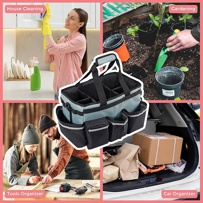ProCase Cleaning Caddy Bag for Housekeepers, Foldable Cleaning Supply Bag with 5 Compartments, Wearable Cleaning Detailing Bag Organizer Tote Bag with Handles and Shoulder Strap -Cyan