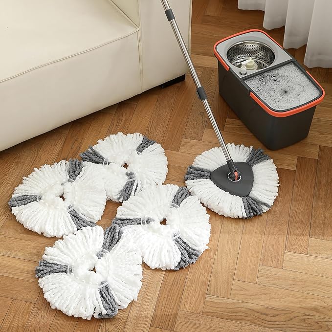 Spin Mop and Detachable Bucket Set with 5 Reusable Microfiber mop Head Dual-Chamber Water System Spining Mop Floor Cleaning Kit for Hardwood Tile Laminate Floors (Gray)