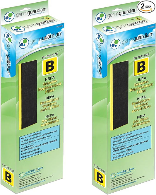 GermGuardian HEPA Pure Genuine Air Purifier Filter B, Removes 99.97% of Pollutants, Wildfire Smoke, Odors, for AC4825, AC4300, AC4900, AC4880, AC4850, CDAP4500, 2-Pack, Black/Yellow, FLT48252PK