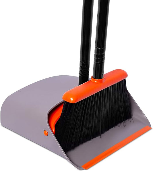 BirdRock Home Broom and Dustpan Set - Lobby Dust Pan - Orange and Grey Durable Set - Indoor or Outdoor - Sweep Combo Great for Kitchen, Home, Garage and Office - Clip On Self Cleaning Bristles