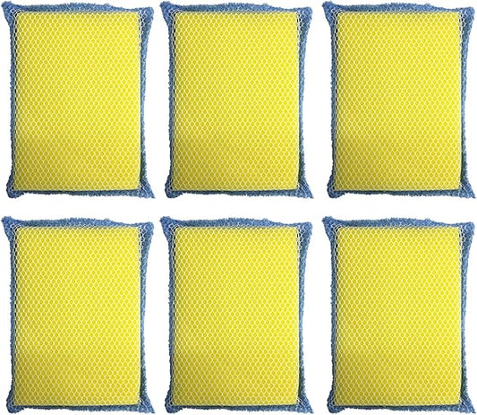 LOLA Microfiber Terry & Nylon Net Sponge Scrubber Pad, 6 Pack, Non Scratch 2-Way Cleaning, Gently Scrubs & Wipes Clean