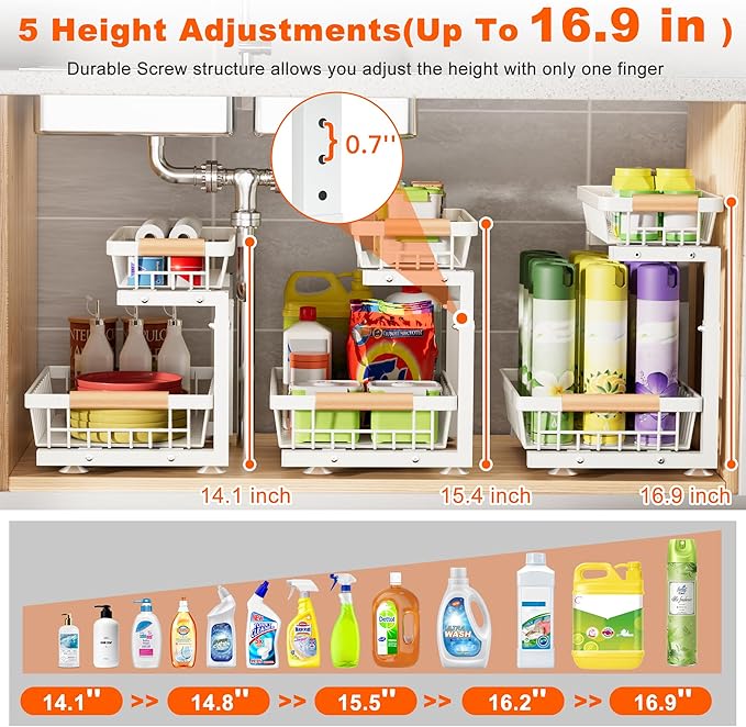 Under Sink Organizer, 2 Pack 2 Tier Under Sink Organizers and Storage, Slide Out Pull Out Cabinet Organizer Shelf, Height Adjustable Metal Drawer for Kitchen Bathroom Closet Organization Rack White