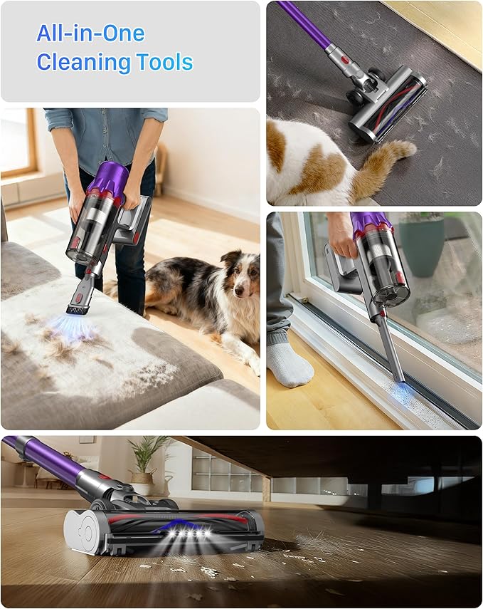 Cordless Vacuum Cleaner - Powerful Stick Vacuum with HEPA Filter, 55-Min Runtime, LED Light, Anti-Tangle Brush, Detachable Battery, Lightweight for Home, Pet Hair, Carpets & Hard Floors