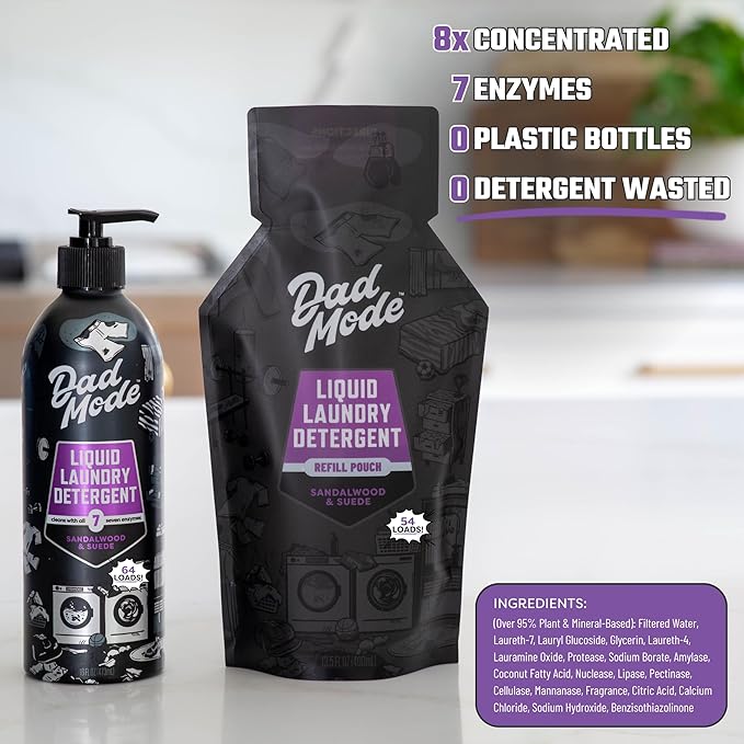 DadMode Liquid Laundry Detergent, Value Pack, 16oz Bottle + 13.5oz Refill, 7-Enzyme Detergent, Sandalwood & Suede Scent, Eco-Friendly, Zero Plastic Waste