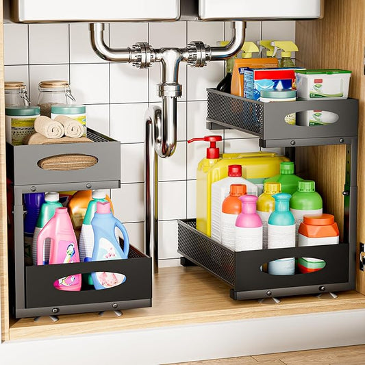 Under Sink Organizer, 2 Packs 2 Tier Under Sink Organizers and Storage, Slide Out Pull Out Cabinet Organizer Shelf, Metal Sliding Drawer for Kitchen Bathroom Pantry Cabinet Closet Organization Rack