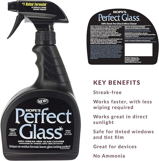 HOPE'S Perfect Glass Cleaner, Streak-Free, Ammonia-Free Window, Mirror, Screen, and Shower Door Cleaner, Indoor and Outdoor Glass Surfaces, 32 Fl Oz Spray Bottle and 67.6 Fl Oz Refill, Pack of 4