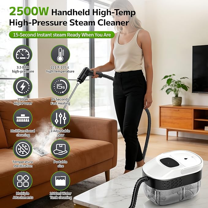 Pressurized Handheld Steam Cleaner 2500W, 54oz Large-Capacity Steamer with 3-Level Adjustable Steam, 15s Heat-Up & 15Pcs Accessories – for Car, Tile, Grout, Couch, Floor, Bed, Dirt, Furniture
