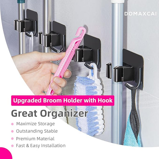 Broom and Mop Holder, Super Anti-Slip Wall Mount, Self Adhesive Gripper for Bathroom, Garage and Laundry Room Storage, Black