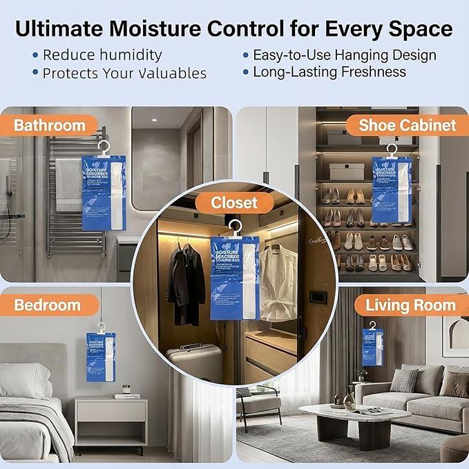 Dehumidifier Bags Hanging Moisture Absorbers - 4 Packs Dehumidifiers for Home Closet Bathroom Basement, Hanging Bag Desiccant Packs for Bedroom RV Camper, Odor Absorber Household Essentials