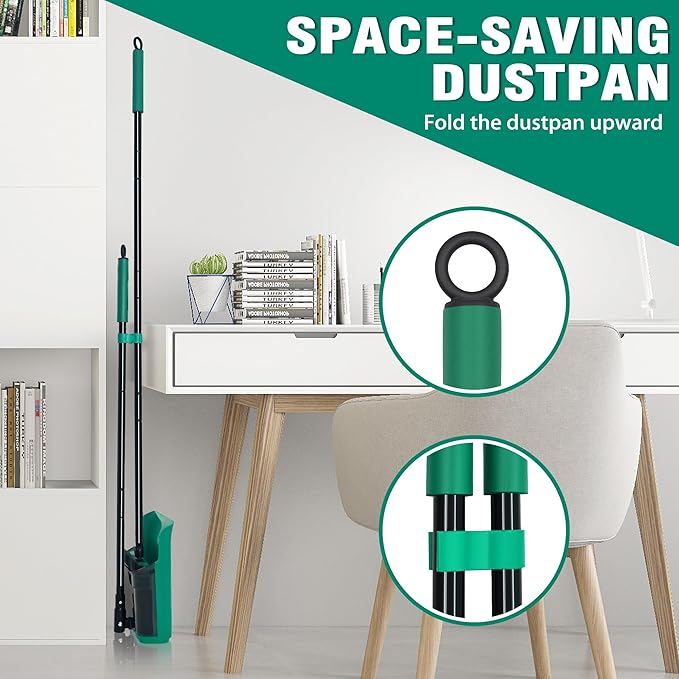 JEHONN Broom and Dust Pan, Upgraded Large Foldable Dustpan with Comb Teeth, 53.5 inches Long Handle Swivel Brush Indoor for Home Kitchen Lobby Floor Cleaning (Green)