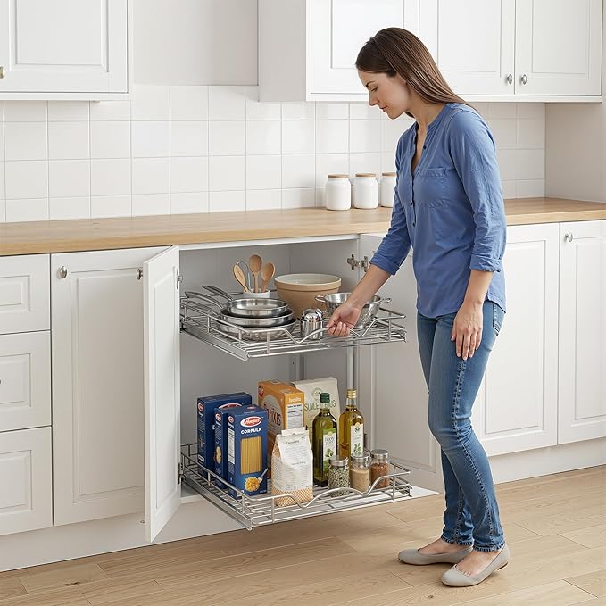 HOLDN’ STORAGE Two Tier Pull Out Cabinet Organizer, Individual Sliding Drawers - Heavy Duty Metal with Lifetime Limited Warranty - Anti Rust Chrome Finish - 20" W x 21”D x 16.5" H