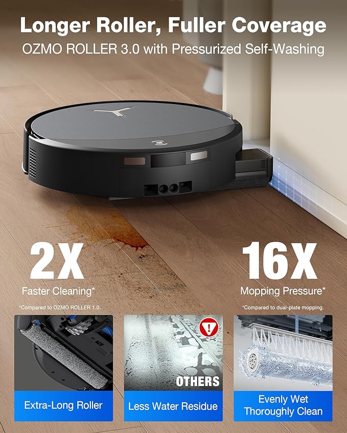 ECOVACS DEEBOT T90 PRO OMNI Robot Vacuum and Mop, 30,000Pa Suction, Instant Self-Cleaning OZMO Roller Mop, TruEdge Deep Edge Cleaning, ZeroTangle, Hot Water Wash & 145°F Air Dry, AI Obstacle Avoidance
