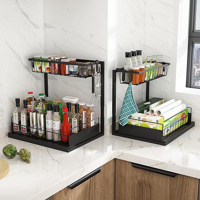 REALINN Under Sink Organizer, 2 Pack Height Adjustable Kitchen Organizers and Storage, 2 Tier Pull Out Sliding Cabinet Storage, Multi-Use for Kitchen Bathroom Cabinet