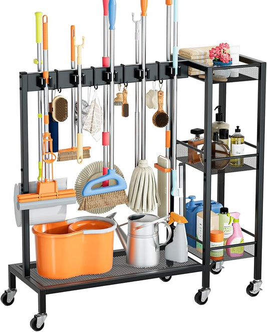 Broom and Mop Holder with Cleaning Supplies Organizer, Narrow Cleaning Cart with Cleaning Caddy, Large Capacity Cleaning Rack with Grippers Rack Hooks for Housekeeping Laundry Room Garage