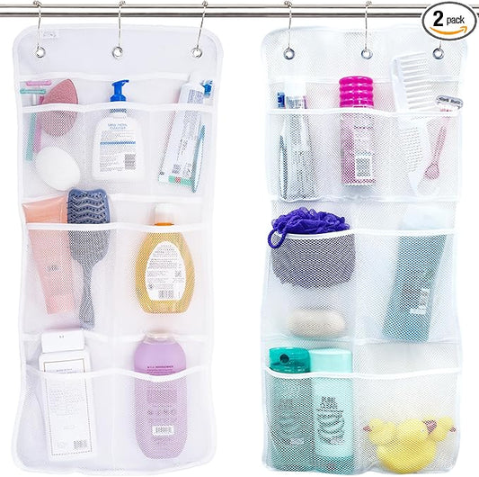 S&T INC. Shower Organizer, Shower Caddy or Bathroom Organizer with Quick Drying Mesh, 7 Pockets to Hold Shampoo, Soap, Loofah, and Cruise Ship Essentials, 14 Inch by 30 Inch, White, 2 Pack