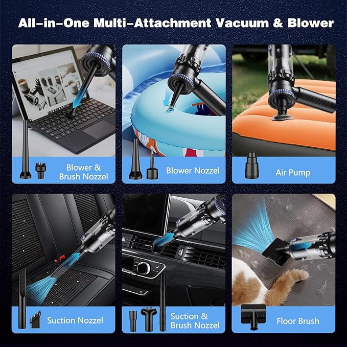 Car Vacuum Portable Cordless, 19000PA Suction Power [3 Suction Modes] & 6000mAh Battery [USB-C Charging Cable], 4-in-1 Wireless Mini Handheld Cleaner for Home, Car, Pet, Office