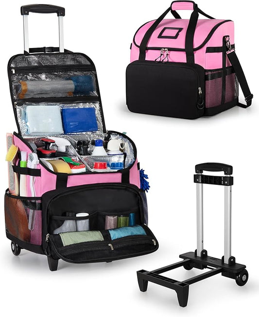 Large Rolling Cleaning Caddy Bag with Detachable Trolley, Cleaning Supplies Organizer with Wheels for Housekeepers, Pink