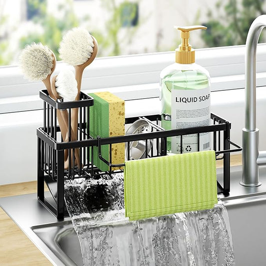 HapiRm Sponge Holder for Kitchen Sink - Self-draining Sink Caddy with Brush and Dishcloth Holders with Sloping Drainage - Black