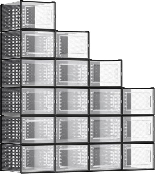 SONGMICS Shoe Boxes, Pack of 18 Shoe Storage Organizers, Stackable Clear Plastic Boxes for Closet, Sneakers, 13.7 x 9.9 x 7.4 Inches, Transparent and Black ULSP007B18