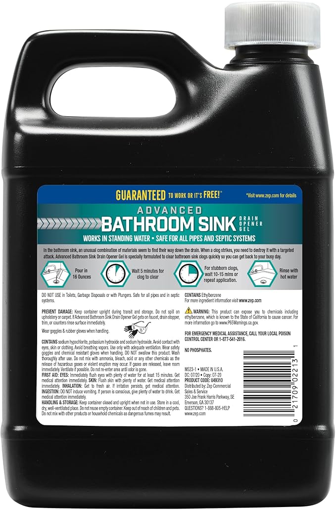 Zep Advanced Bathroom Sink Drain Opener Gel - 32 oz - U49310 - Formulated for Toothpaste, Shave Cream, Hair, Soap and Makeup (32 oz, 12)