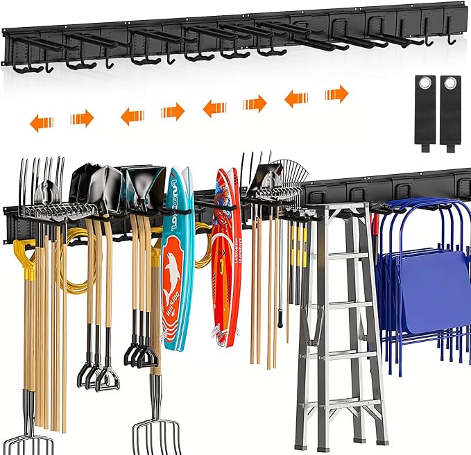 Housolution Heavy Duty Garage Wall Organizer 64 Inch - 18Pack Carries 570 lbs, Garage Tool Organizer Storage System, 4 Rails with 12 Adjustable Hooks, Garden Tool Organizer for Warehouse, Workshop