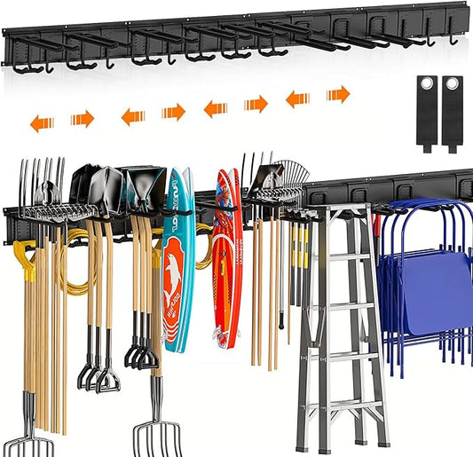 Housolution Heavy Duty Garage Wall Organizer 64 Inch - 18Pack Carries 570 lbs, Garage Tool Organizer Storage System, 4 Rails with 12 Adjustable Hooks, Garden Tool Organizer for Warehouse, Workshop