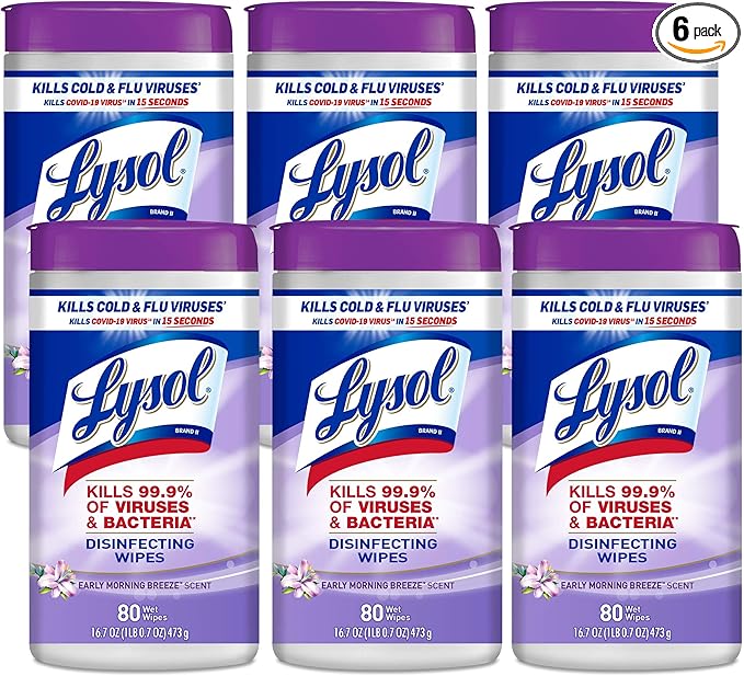 Lysol Disinfectant Wipes, Multi-Surface Antibacterial Cleaning Wipes, Dorm Room Essentials For Disinfecting and Cleaning, Early Morning Breeze, 80 Count (Pack of 6)