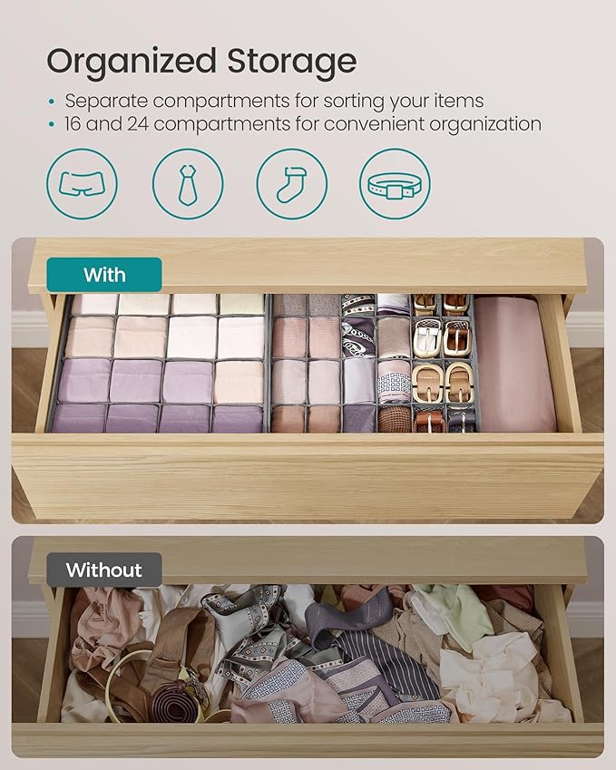 SONGMICS 4 Pack Drawer Organizers, 80 Cells (2x16+2x24), Foldable Dividers, 11.8 x 11.8 x 3.9 Inches, for Socks, Underwear, Ties, Belts, Dove Gray URUS011G01