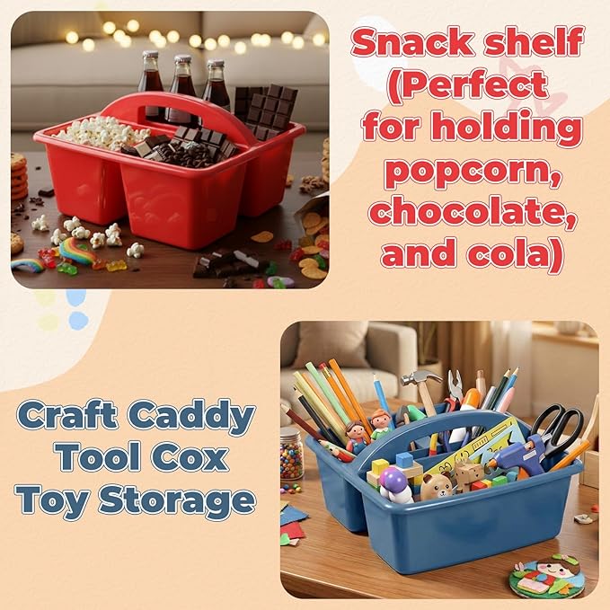 Kathfly 4 Pack Caddy Organizer with Handle, Stackable Organization Storage, Small Plastic Basket Classroom Caddy for Table Desk Office Pencil Kids Room Craft Art Teacher School Supplies (Blue Red)