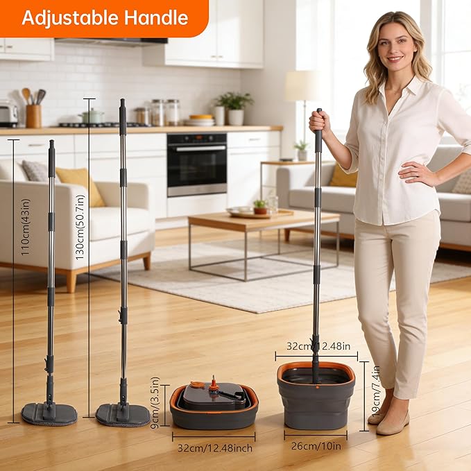 Collapsible Mop and Bucket Set, Spin Mop with Separate Dirty and Clean Water, 6 Replaceable Mopping Pads with Foldable Handle, Deep Cleaning Mops and Buckets for Household Use Floor Cleaning