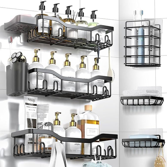 Shower Caddy Adhesive Shower Organizer 8-Pack, Rustproof Stainless Steel Bathroom Shelves, Large Capacity No-Drill Rack Storage Accessories with Soap Dish Toothbrush Holder Hooks