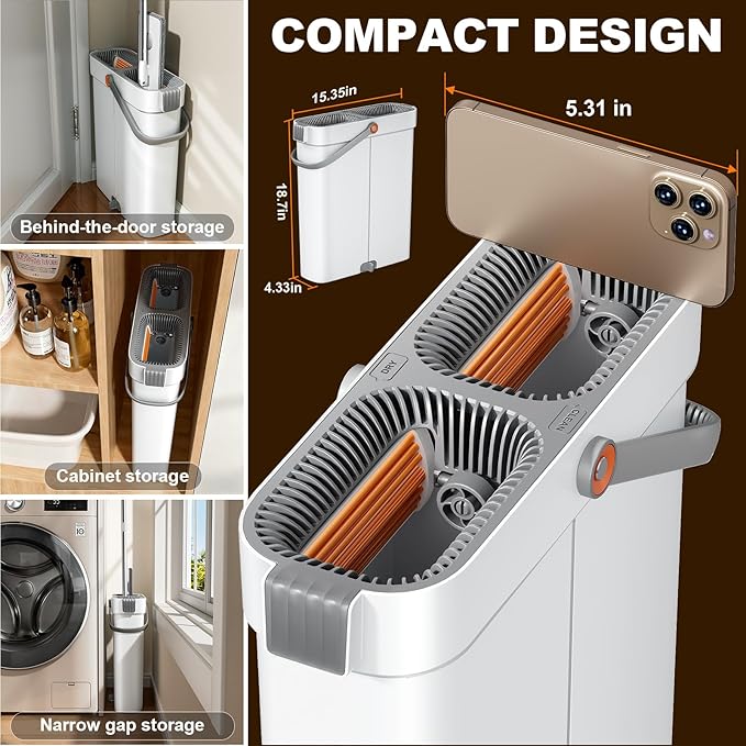 Flat Mop and Bucket System - Mop and Bucket with Wringer Set for Home | Wet Dry Mop for Apartment, Tiny Home, Windows, Wall, Hardwood Floor, RV with 6 Reusable Microfiber Cloth