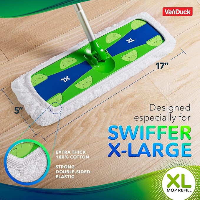 VanDuck Extra Large Cotton Mop Pads Compatible with Swiffer XL Mop - X-Large Wet and Dry Pads Refill, 6-Pack (Handle is Not Included)
