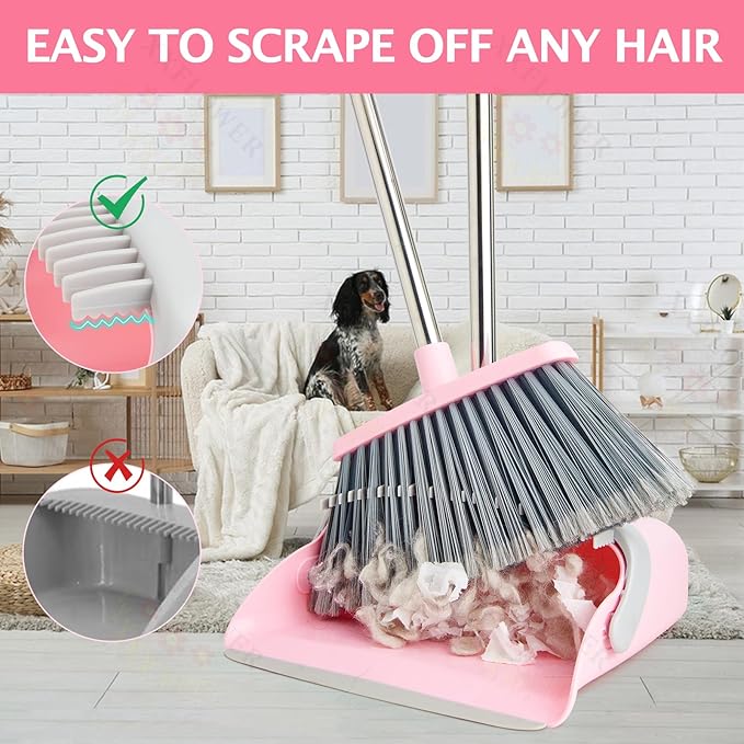 Broom and Dustpan Set, Dustpans with Broom Combo for Home, Heavy Dust Broom and Dustpan Combo, Long Handle Dust Pan and Broom Set for Kitchen, Office, Pet Hair(Gray Pink)