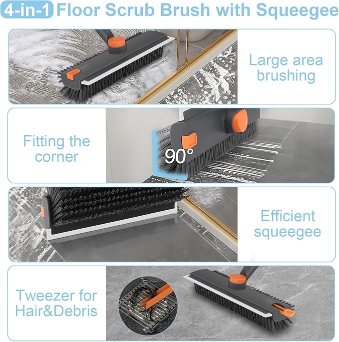 Floor Scrub V Brush with Long Handle 4 in 1 Silicone Scrape and Stiff Bristle Scrubber 360° Cleaning Brush with Tweezers for Shower Bathroom, Patio, Garage, Kitchen, Wall and Deck