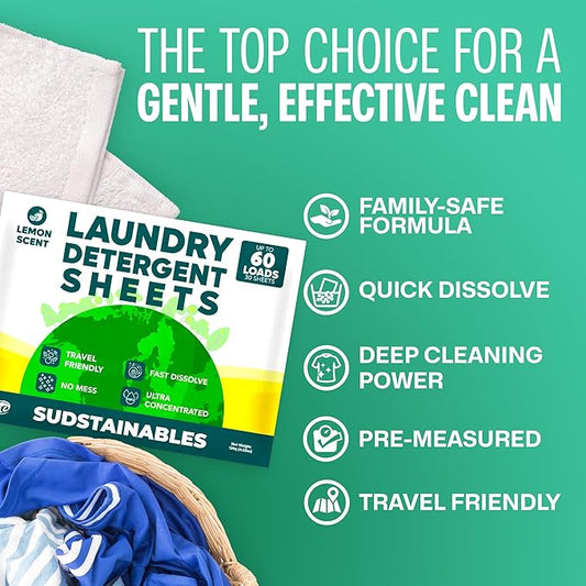 Sudstainables Laundry Detergent Sheets 60 Loads – Dissolvable Laundry Sheet for Washing Machines, Compact Alternative to Liquid & Powder Detergent, Travel-Friendly Soap | Lemon