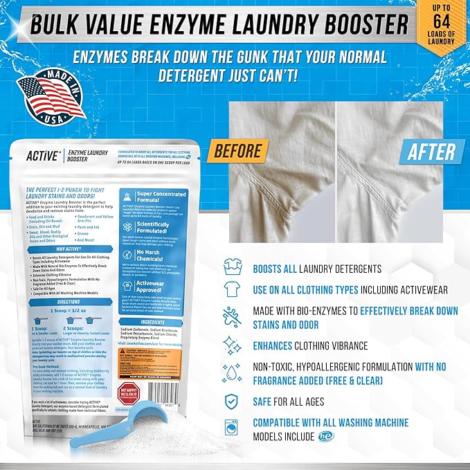 Enzyme Laundry Booster Odor Remover - 2 lbs Unscented Enzymatic Clothes Stain Cleaner Powder, Natural Deodorizer with Bio Active Enzymes, Detergent Additive Eliminator for Sweat, Oil, Blood - 64 Loads